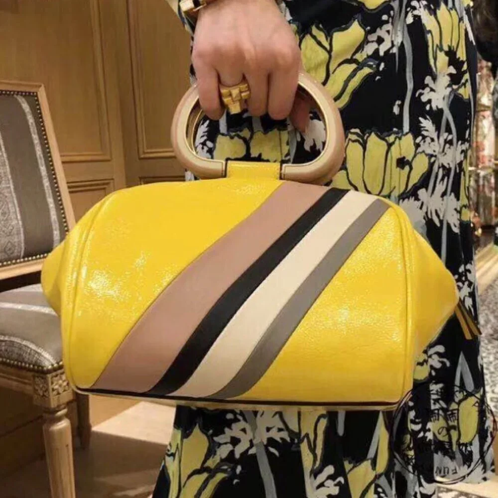 NEW! NWT! Tory Burch Half Moon Strip Mini Satchel Boston -Yellow Leather Women